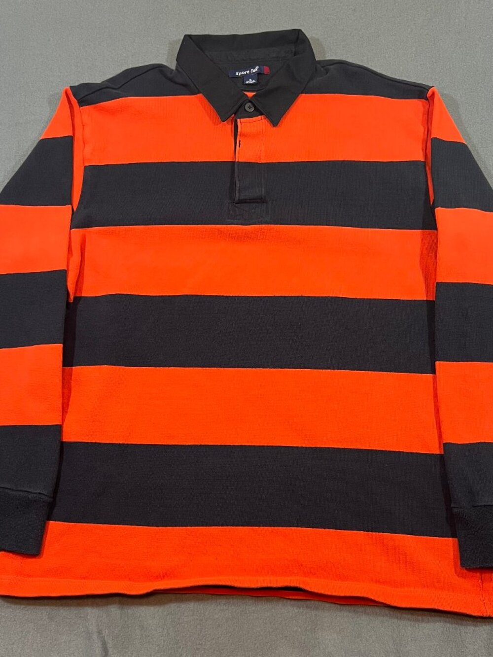 Sport-Tek Rugby Polo Shirt Mens Size XL Orange Black/NAVY? Stripes HEAVY KNIT